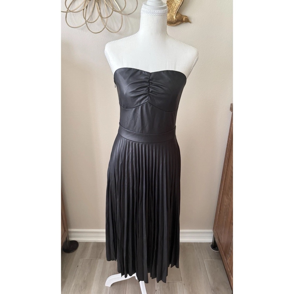Strapless Faux Leather Pleated Midi Dress Black A‎ Line Party Goth M